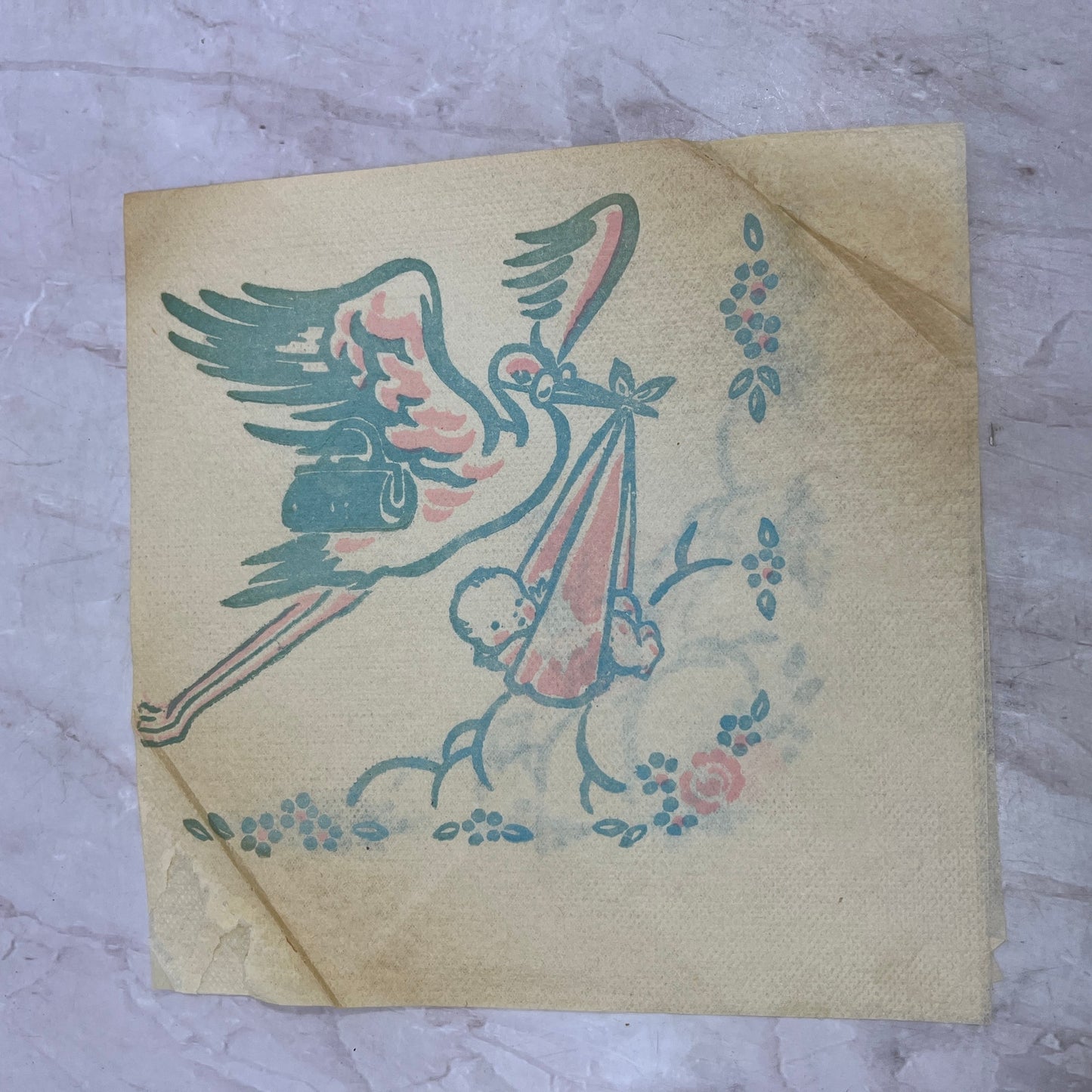 1940s Baby Shower Napkin Stork Carrying Infant TA9-E2