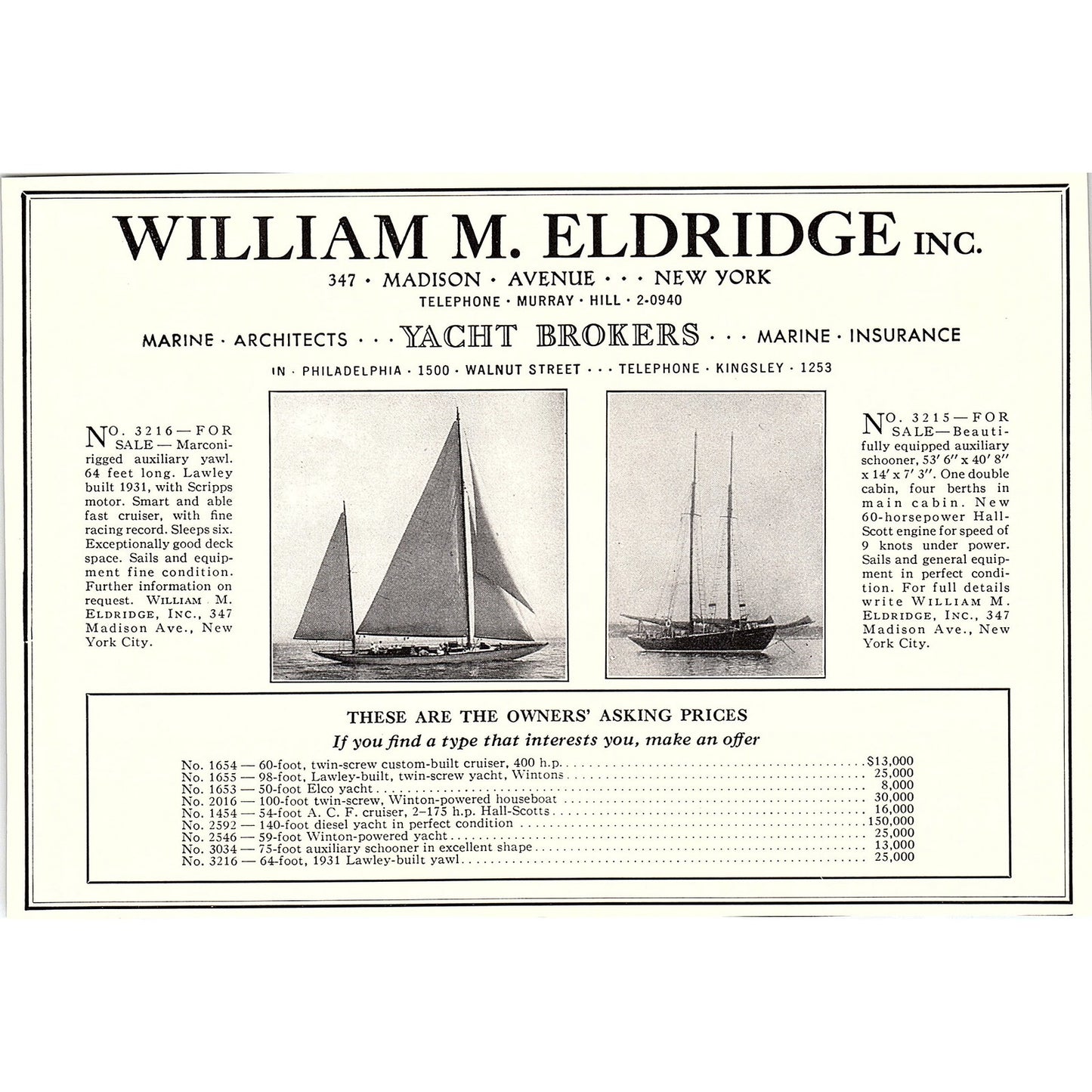 William M Eldridge Inc Yacht Brokers Philadelphia 1932 Ad AG2-7