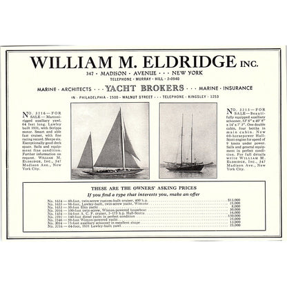 William M Eldridge Inc Yacht Brokers Philadelphia 1932 Ad AG2-7