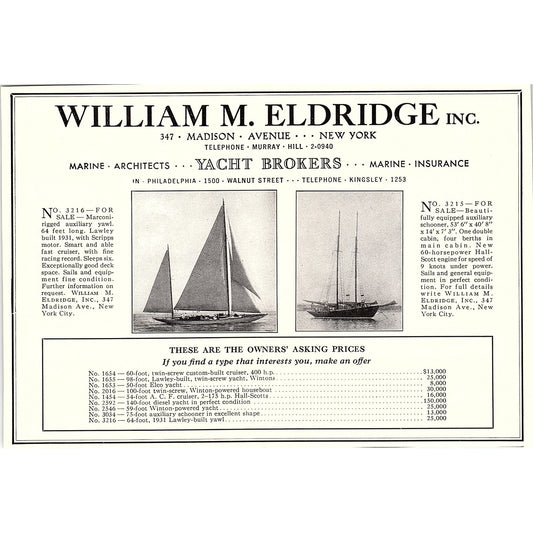 William M Eldridge Inc Yacht Brokers Philadelphia 1932 Ad AG2-7