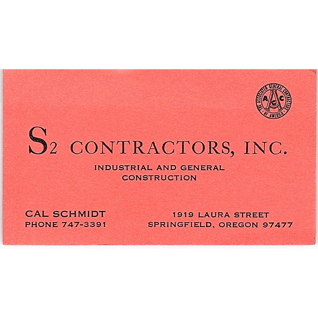 Cal Schmidt S2 Contractors Inc Springfield OR Vintage Business Card SD9-B3