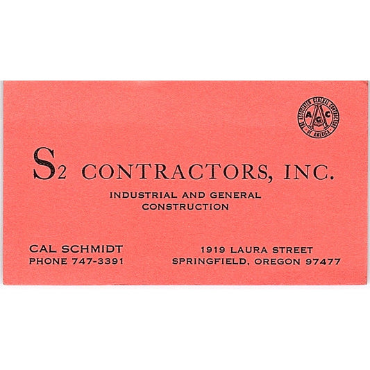 Cal Schmidt S2 Contractors Inc Springfield OR Vintage Business Card SD9-B3