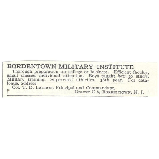 Bordentown Military Institute Col. T.D. Landon Bordentown NJ c1918 Ad AE5-SA10