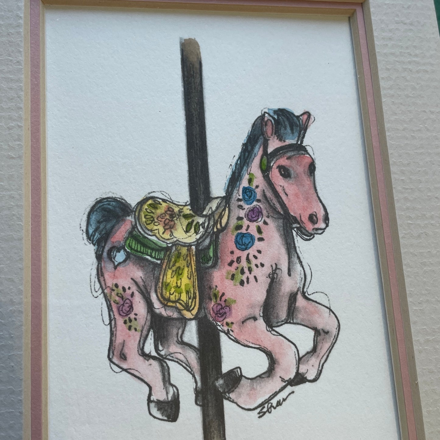 Pink Carousel Horse 5x7 Matted Print Hand Watercolor, Signed Shar Coulson