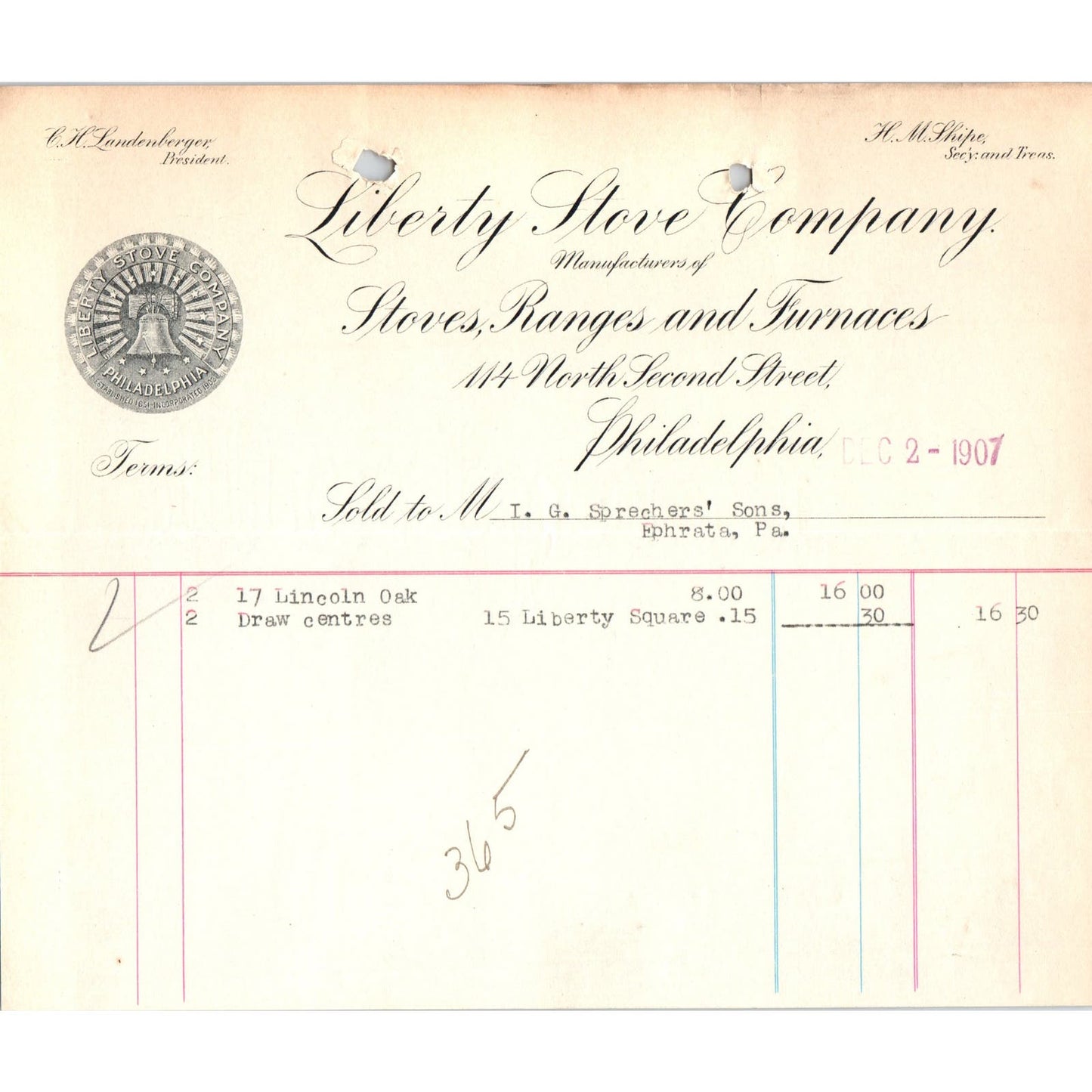 1907 Liberty Stove Company Philadelphia Letterhead Billhead Receipt D11