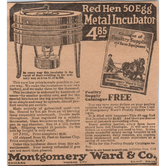 Red Hen Metal Egg Incubator Montgomery Ward 1923 Magazine Ad Clip AE1-2