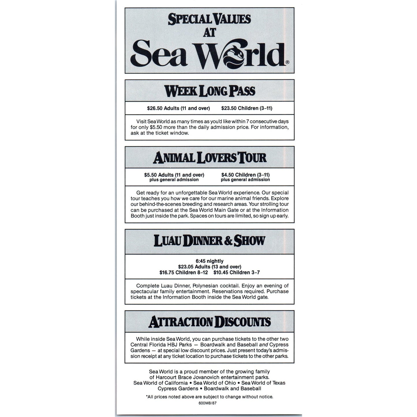 1980s Sea World Orlando Florida Night Magic & Special Values Leaflet TF4-BA