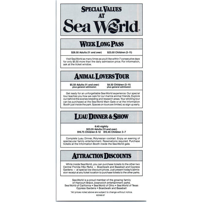 1980s Sea World Orlando Florida Night Magic & Special Values Leaflet TF4-BA