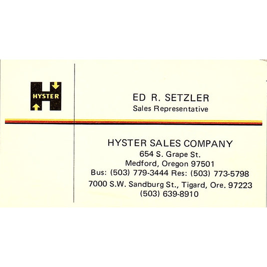 Hyster Sales Company Ed R. Setzler Medford Oregon Vintage Business Card SB4-B4