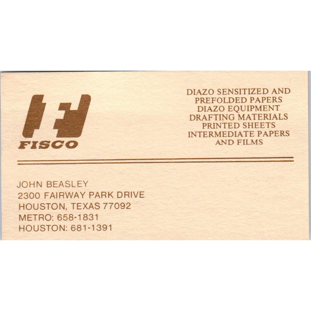 John Beasley Fisco Paper Houston TX Vintage Business Card SE3-B4
