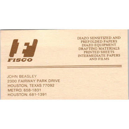 John Beasley Fisco Paper Houston TX Vintage Business Card SE3-B4