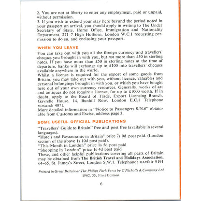 1962 Welcome to Britain Tourist Information Pamphlet First Edition AE2