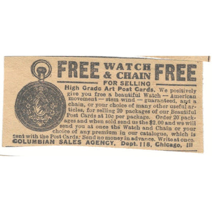 Columbian Sales Agency Pocket Watch Giveaway Chicago 1910 Magazine Ad AF1-SS6