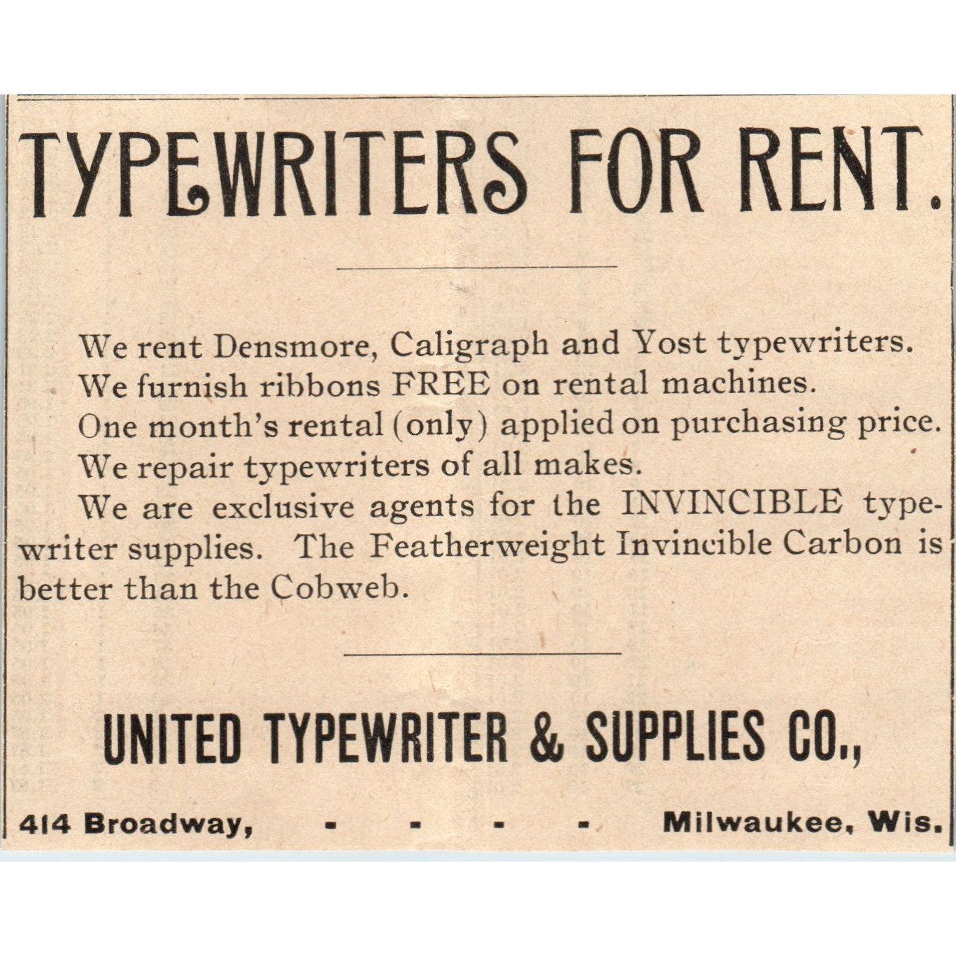 Rentals United Typewriter & Supplies Co Milwaukee 1898 Newspaper Clip AF7-E12