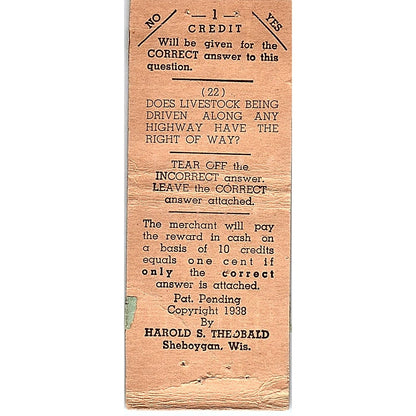 1938 Greenlite Motor Vehicle Info Harold S. Theobald Sheboygan Matchbook SF3-Y3