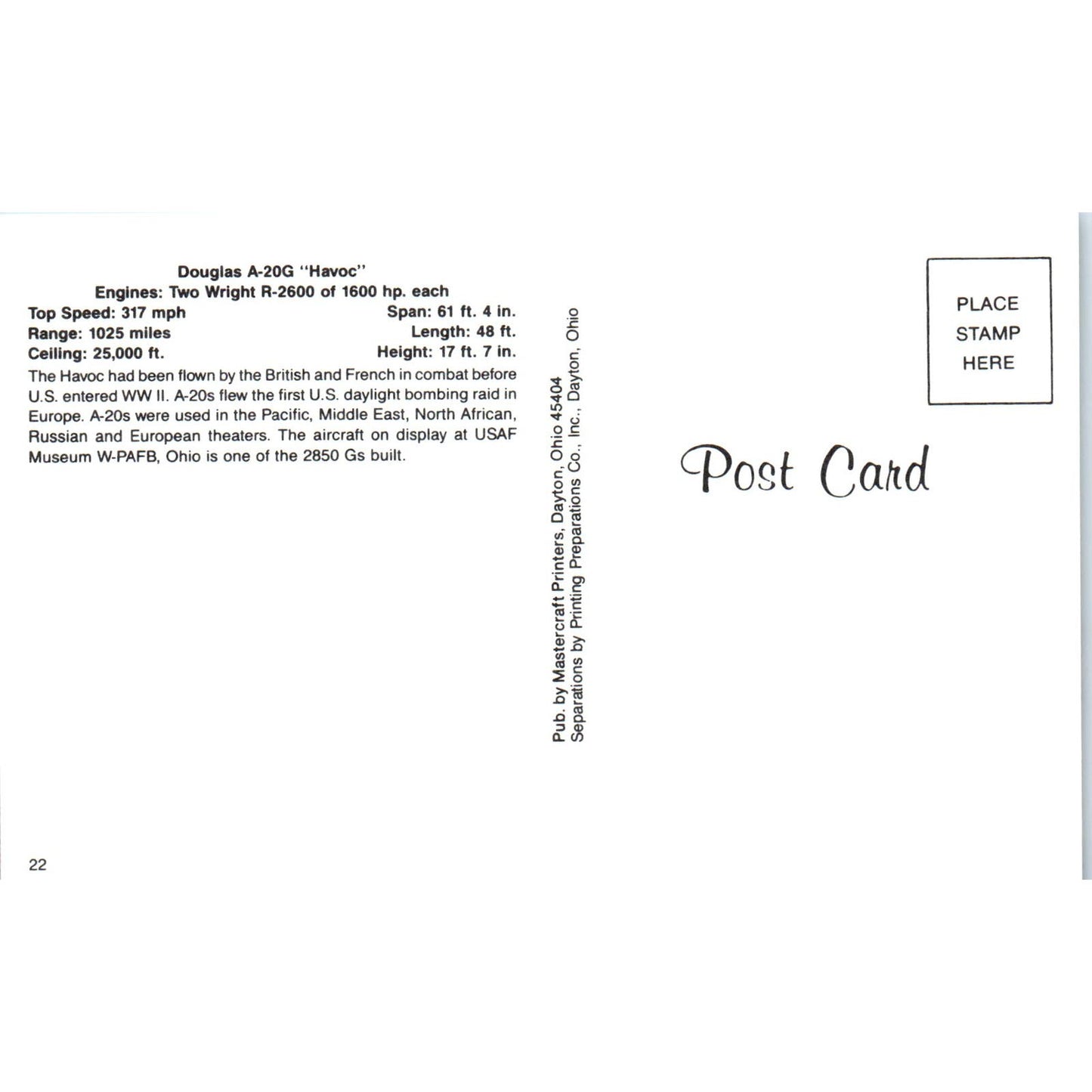 Douglas A-20G Havoc Vintage Postcard PC19