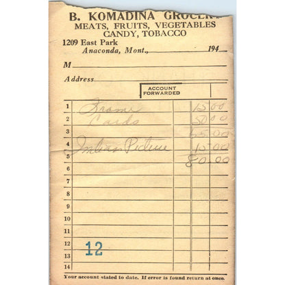 1940s B. Komadina Grocers Billhead Receipt Anaconda Montana AE8