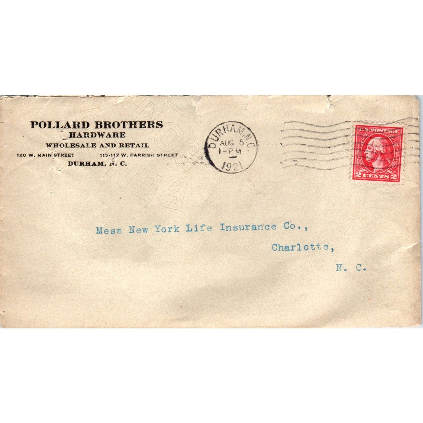 1921 Pollard Brothers Hardware Durham NC Postal Cover Envelope TG7-PC1