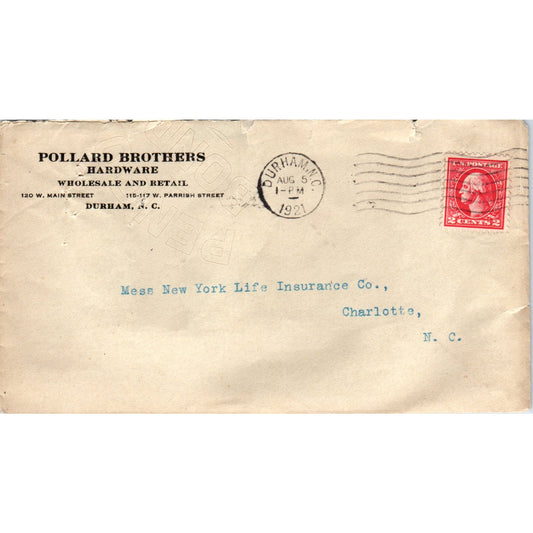 1921 Pollard Brothers Hardware Durham NC Postal Cover Envelope TG7-PC1