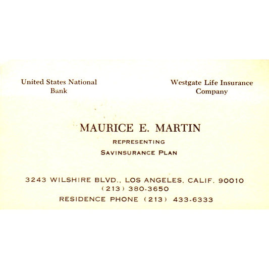Maurice E Martin Savinsurance Plan Los Angeles CA Vintage Business Card SE3-B9