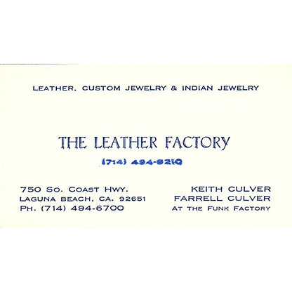 The Leather Factory Keith & Farrell Culver Laguna Beach Vtg Business Card SD9-B5