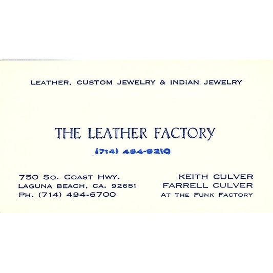 The Leather Factory Keith & Farrell Culver Laguna Beach Vtg Business Card SD9-B5