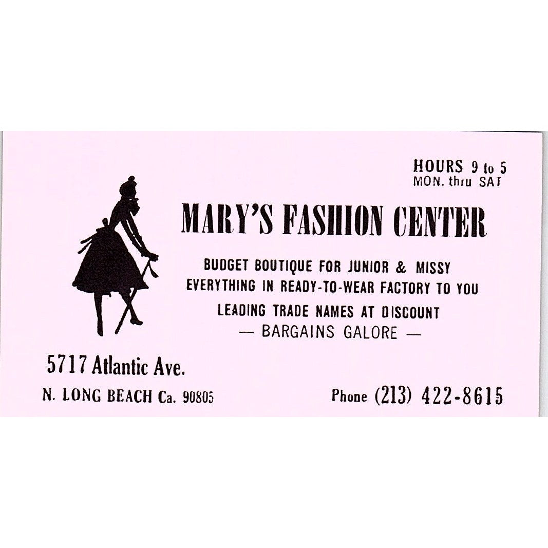 Mary's Fashion Center North Long Beach CA Vintage Business Card SE5-B5