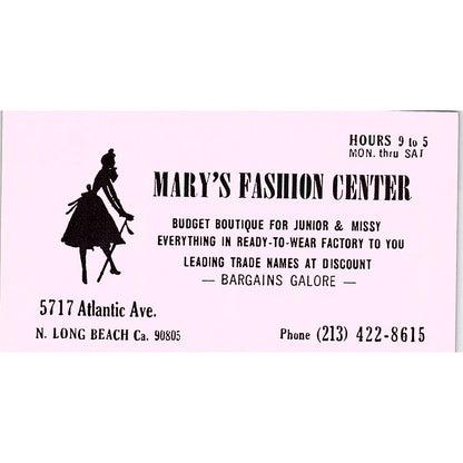 Mary's Fashion Center North Long Beach CA Vintage Business Card SE5-B5