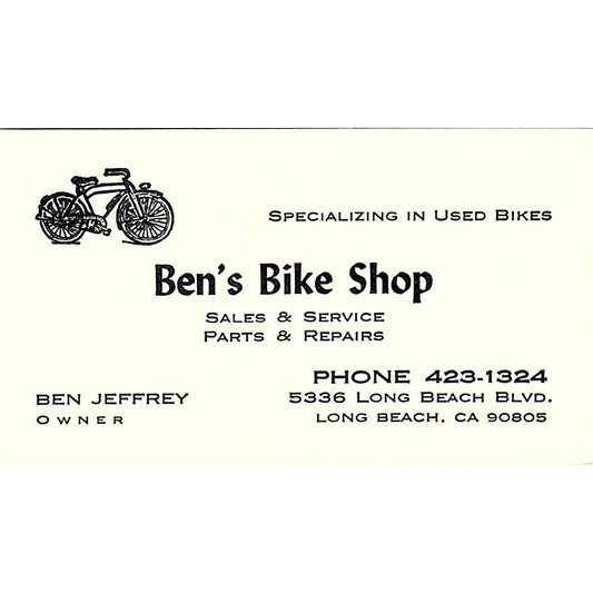 Ben's Bike Shop Ben Jeffrey Long Beach CA Vintage Business Card SB4-B12