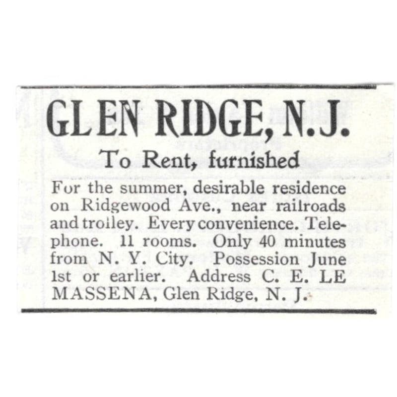Glen Ridge NJ Cottage For Rent C.E. Le Massena c1918 Advertisement AE5-SV2
