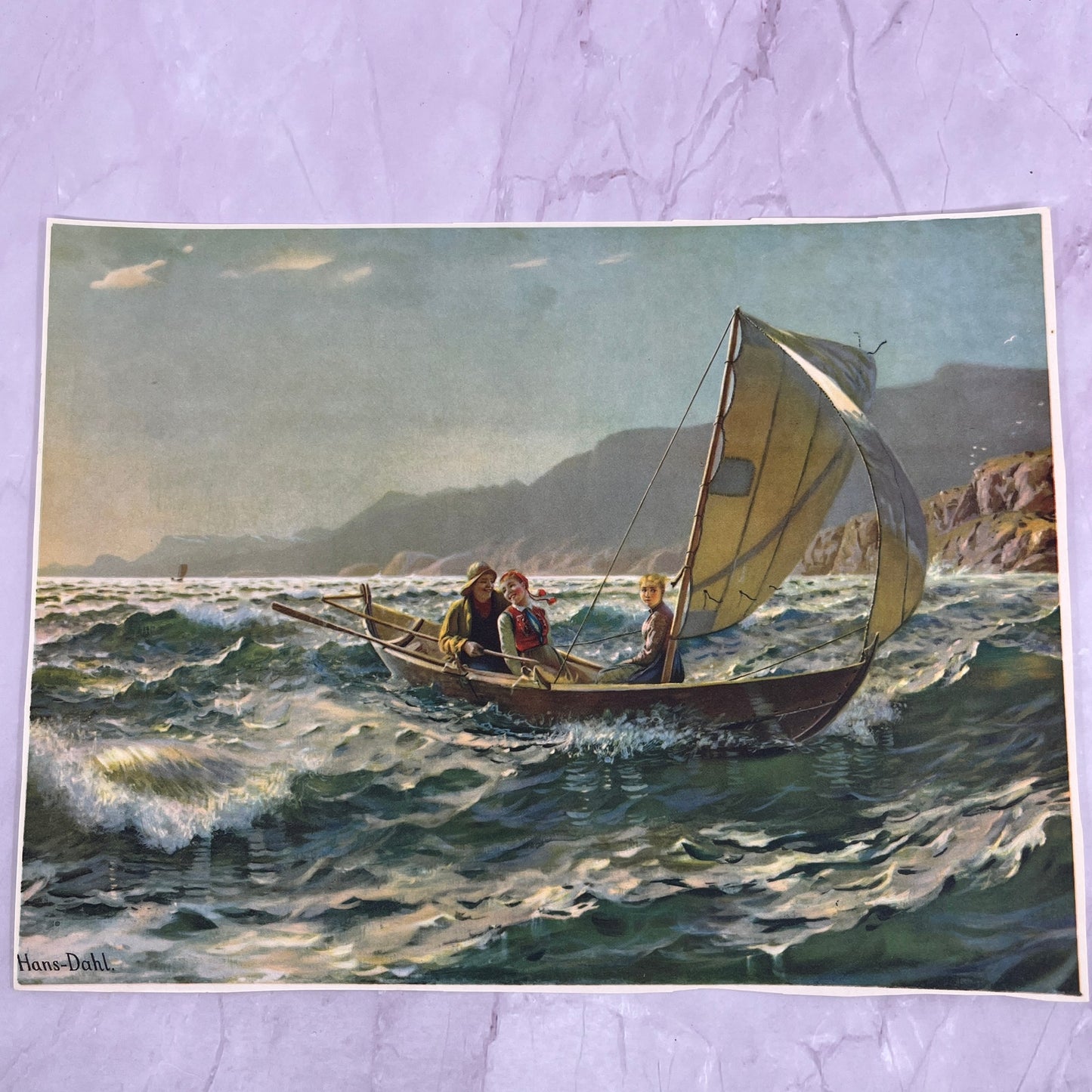 Oil Painting Hans Dahl - a Blustery Crossing Sailboat 8x11" Art Lithograph V20