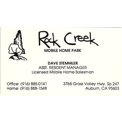 Rock Creek Mobile Home Park Dave Stemmler Auburn CA Vintage Business Card SC9-B1