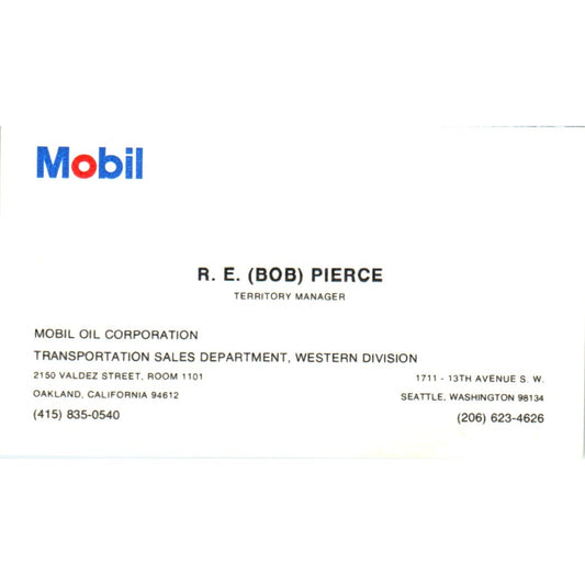 R.E. Bob Pierce Mobil Oil Corporation Oakland CA Vintage Business Card SD8-B21