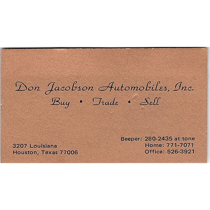 Don Jacobson Automobile Inc Houston Vintage Business Card SD9-B6