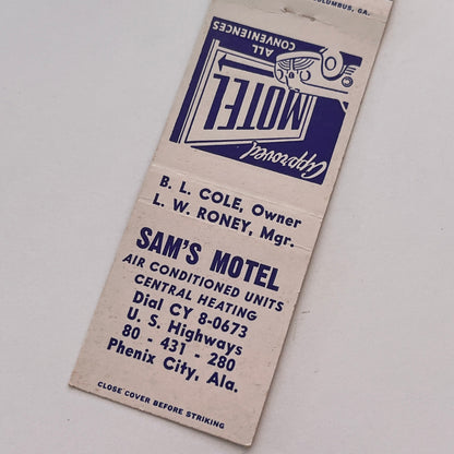 Sam's Motel B.L. Cole L.W Roney Phenix City AL Vintage Matchbook Cover TB6-MB2-3