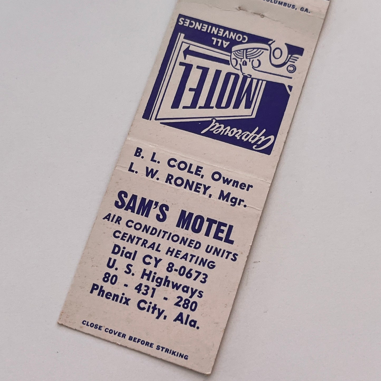 Sam's Motel B.L. Cole L.W Roney Phenix City AL Vintage Matchbook Cover MB59-2