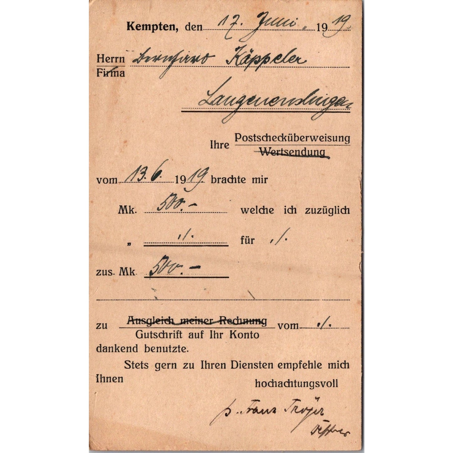 Franz Tröger Eisengroßhandlung Kempten Allgäu 1919 German Reich Postcard TE2-GRP