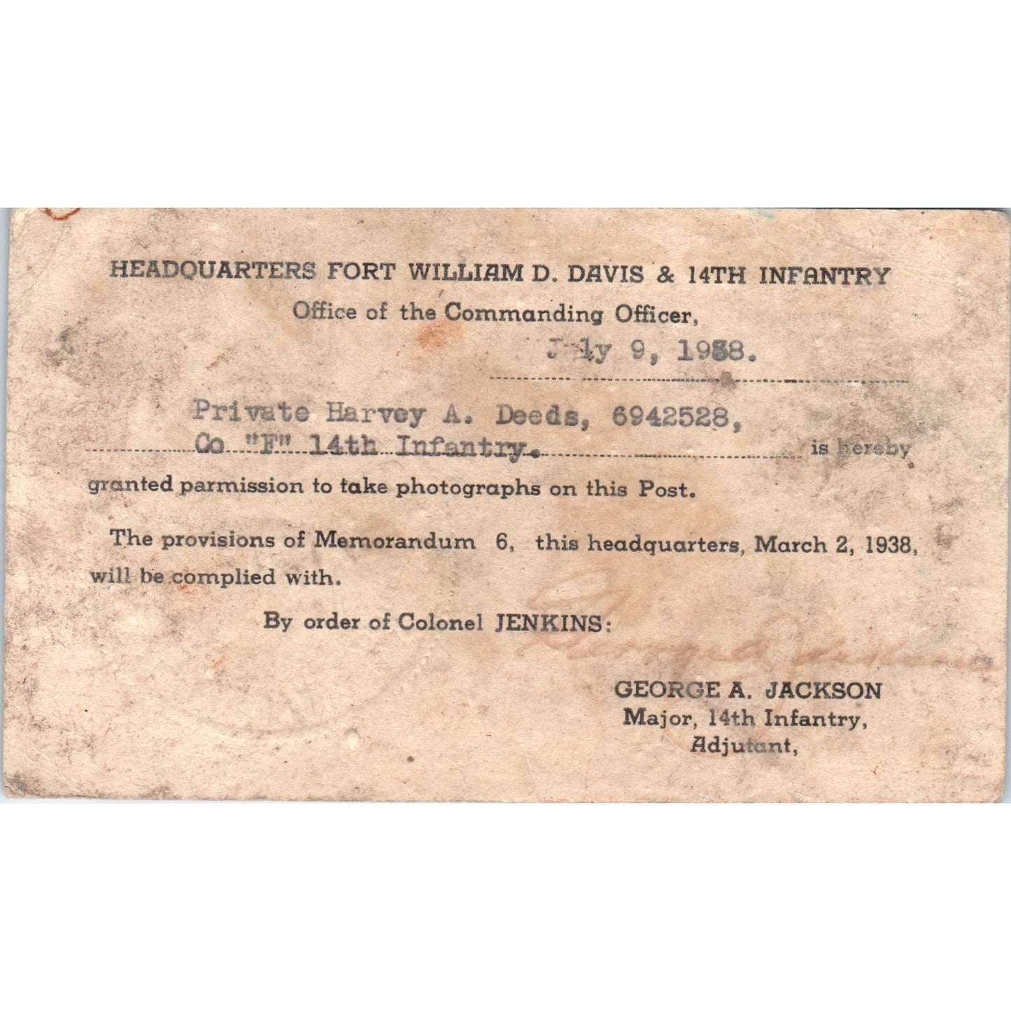 1938 Headquarters Fort William D. Davis 14th Infantry Pvt Harvey A. Deeds D21