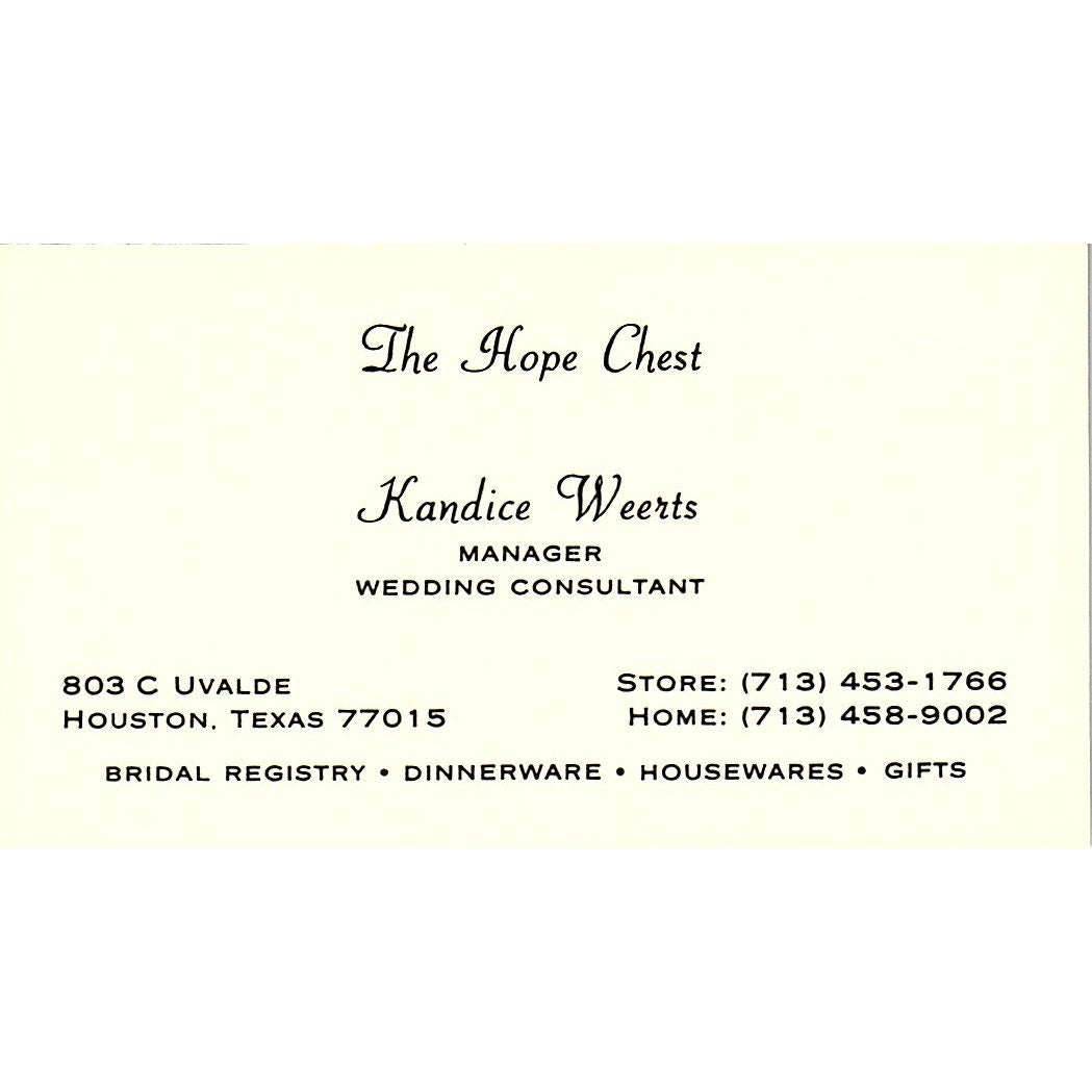 Kandice Weerts The Hope Chest Bridal Shop Houston Vintage Business Card SE5-B5
