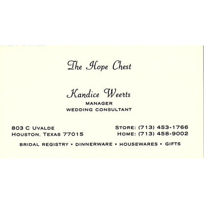 Kandice Weerts The Hope Chest Bridal Shop Houston Vintage Business Card SE5-B5