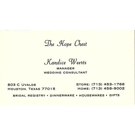 Kandice Weerts The Hope Chest Bridal Shop Houston Vintage Business Card SE5-B5