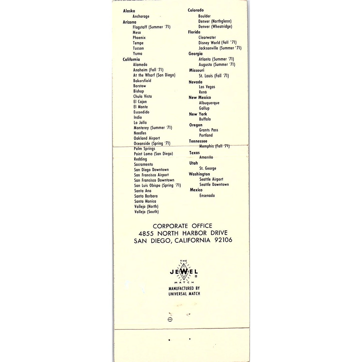 Royal Inns of America San Diego CA Vintage Matchbook TB6-MB2-7