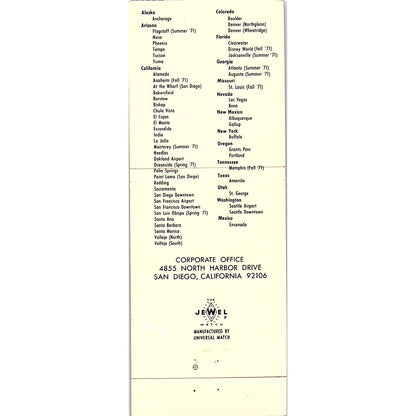 Royal Inns of America San Diego CA Vintage Matchbook TB6-MB2-7