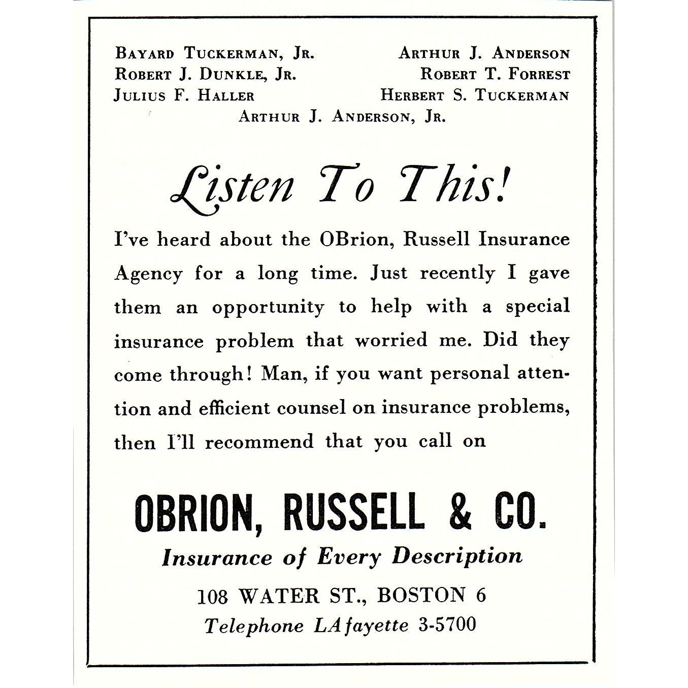 Obrion, Russell & Co Ins Bayard Tuckerman Robert Dunkle Boston MA 1950 Ad AF6-M7