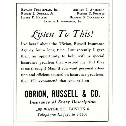 Obrion, Russell & Co Ins Bayard Tuckerman Robert Dunkle Boston MA 1950 Ad AF6-M7