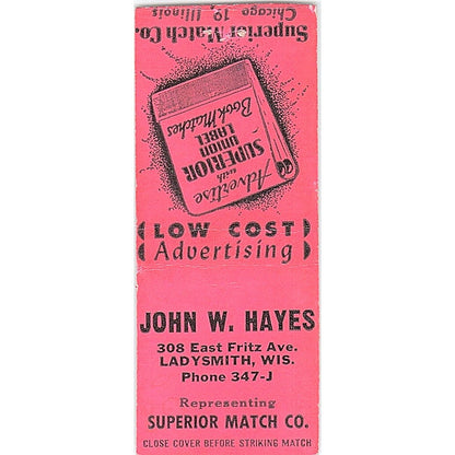 John W Hayes Superior Match Co Ladysmith WI Vintage Matchbook Cover SC7-Y6
