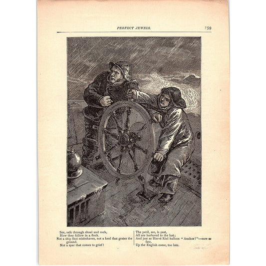 Sailors Steering Ship - Robert Browning Poem Hervé Riel 1884 Engraving TA5-CJ-1