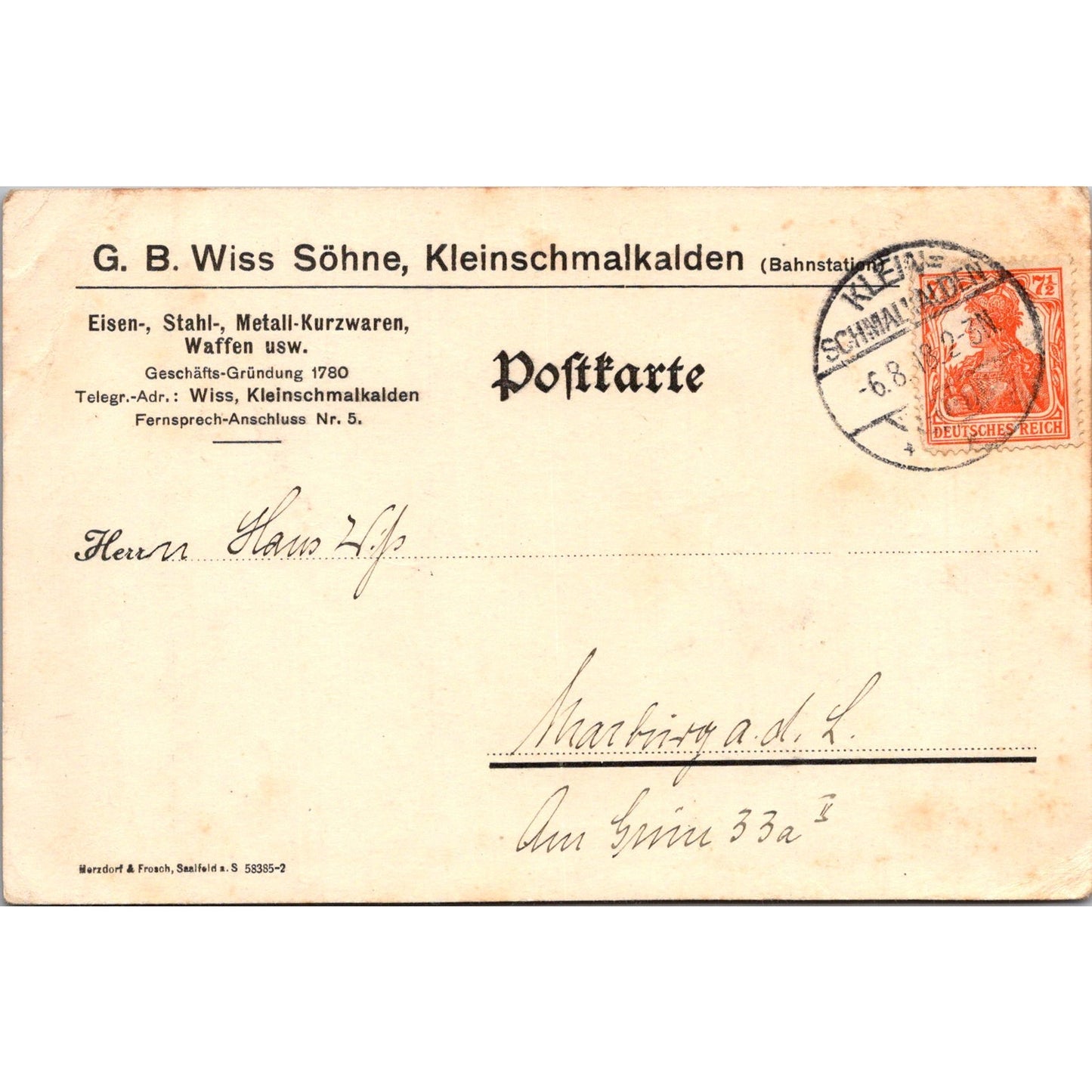 G.B. Wiss Söhne Kleinschmalkalden WWI 1918 German Reich Postcard TE2-GRQ