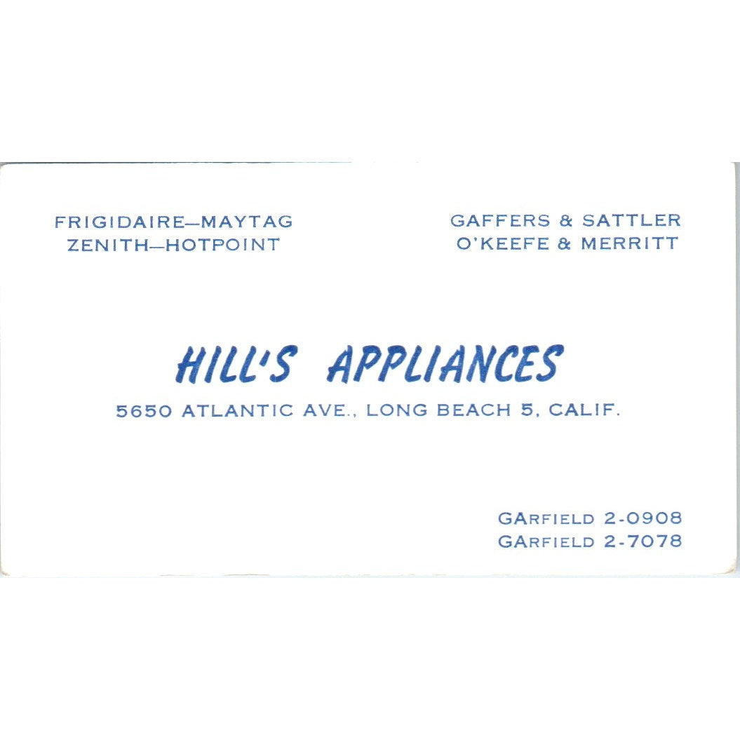 Hill's Appliances Long Beach CA Vintage Business Card SE3-B6
