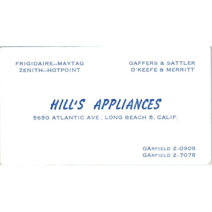 Hill's Appliances Long Beach CA Vintage Business Card SE3-B6